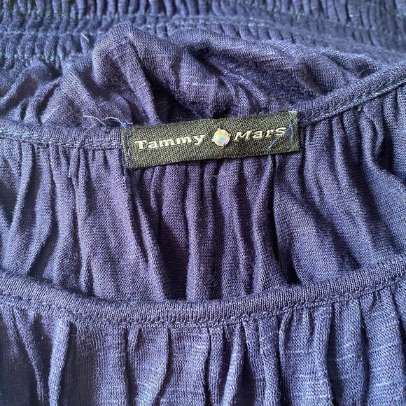 TAMMY MARS Navy stretch Y2K Batwing smocked Shirred Waist Shirt *SMALL* - Picture 5 of 5